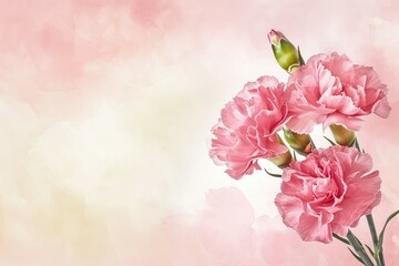 Fototapeta na wymiar Carnation flower on soft pink background, copy space.