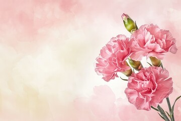 Fototapeta premium Carnation flower on soft pink background, copy space.