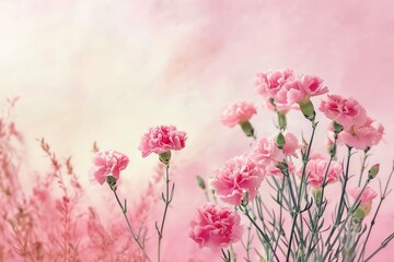 Carnation flower on soft pink background, copy space.