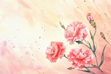 Pink carnation flowers on a watercolor background, copy space.