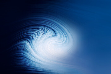 群青色の暗闇にチューブを巻く大きな波が青白く浮かびあがる精細な線画風イメージアートテクスチャー。