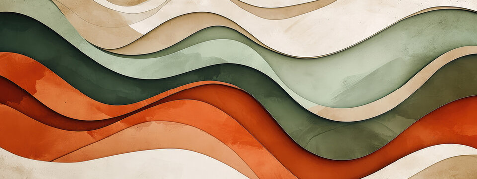 Vintage style abstract wave background with a mix of olive green, terracotta and cream