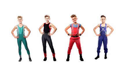 Obraz premium Set of images of a smiling gymnast looking at the camera, isolated, full length, on a transparent background PNG.