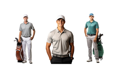 Set of images of smiling golfers standing and looking at the camera, full length, on a transparent background PNG