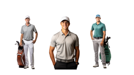 Set of images of smiling golfers standing and looking at the camera, full length, on a transparent background PNG