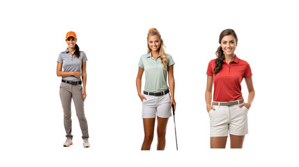 Obraz premium Set of images of smiling female golfers standing and looking at the camera, full body, on transparent background PNG