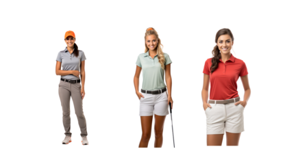 Set of images of smiling female golfers standing and looking at the camera, full body, on transparent background PNG