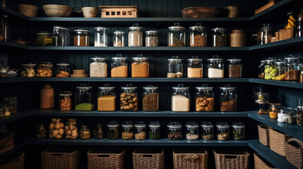 Organization of food storage. Cozy pantry with glass jars and wicker baskets. Dark colour palette....