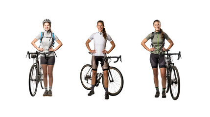 Set of images of Smiling female cyclist standing and looking at the camera, full body, on transparent background PNG