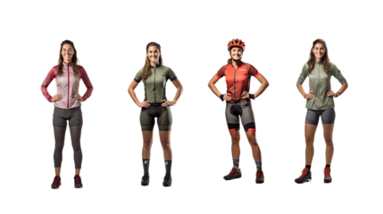 Set of images of Smiling female cyclist standing and looking at the camera, full body, on transparent background PNG