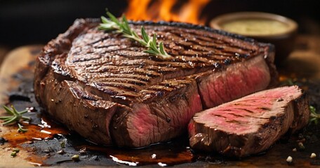  a scene that captures the mouthwatering sizzle and char of a perfectly grilled steak, highlighting the grill marks and the juicy tenderness of the meat. - Generative AI