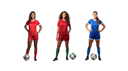 Female soccer player standing smiling looking at camera, full body, on transparent background PNG