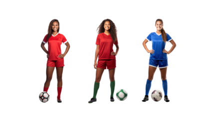 Female soccer player standing smiling looking at camera, full body, on transparent background PNG
