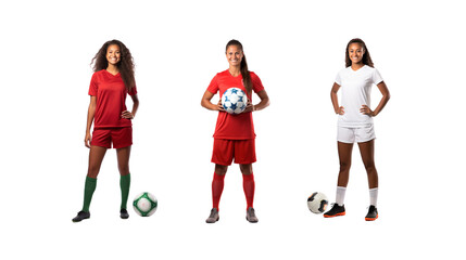 Female soccer player standing smiling looking at camera, full body, on transparent background PNG