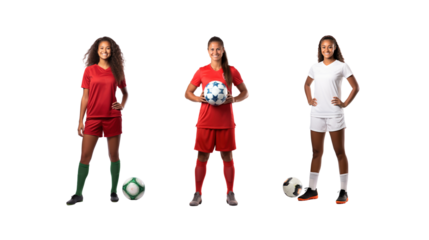 Female soccer player standing smiling looking at camera, full body, on transparent background PNG