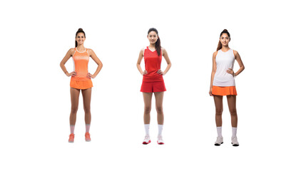 Obraz premium Female badminton player standing smiling looking at camera, full body, on transparent background PNG