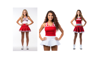 Set of images of female cheerleaders standing and smiling, looking at the camera, full body, on a transparent background PNG