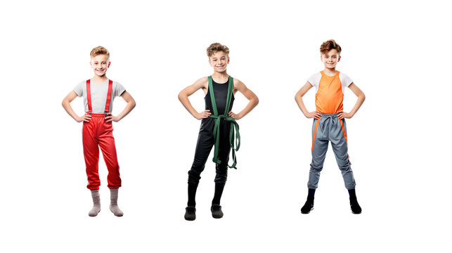 Set of images of a smiling gymnast looking at the camera, isolated, full length, on a transparent background PNG.