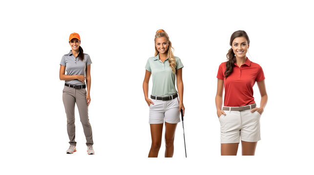 Set of images of smiling female golfers standing and looking at the camera, full body, on transparent background PNG