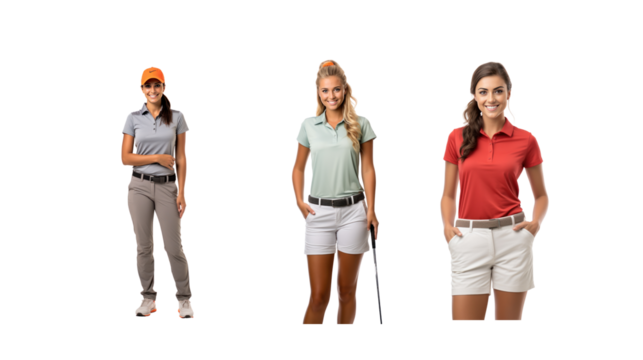 Set of images of smiling female golfers standing and looking at the camera, full body, on transparent background PNG