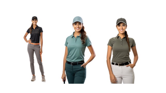 Set of images of smiling female golfers standing and looking at the camera, full body, on transparent background PNG - Powered by Adobe