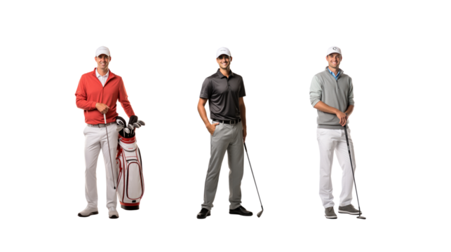 Set of images of smiling golfers standing and looking at the camera, full length, on a transparent background PNG