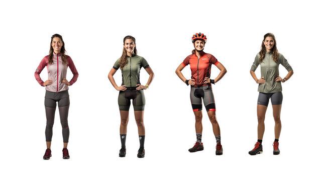 Set of images of Smiling female cyclist standing and looking at the camera, full body, on transparent background PNG