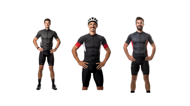 Male cyclist standing smiling looking at camera full body on transparent background PNG