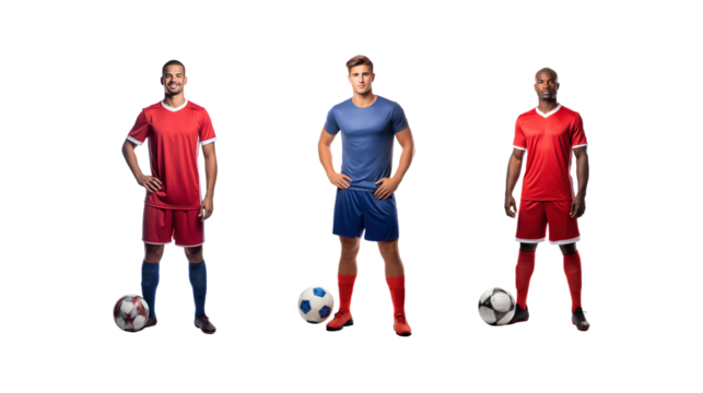 Football player standing smiling looking at camera, full body, on transparent background PNG - Powered by Adobe