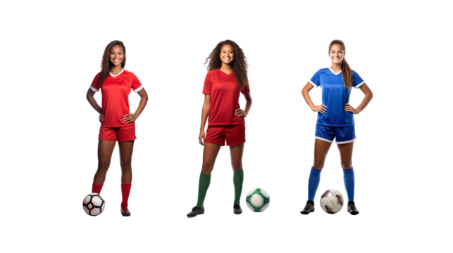Female soccer player standing smiling looking at camera, full body, on transparent background PNG