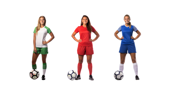 Female soccer player standing smiling looking at camera, full body, on transparent background PNG