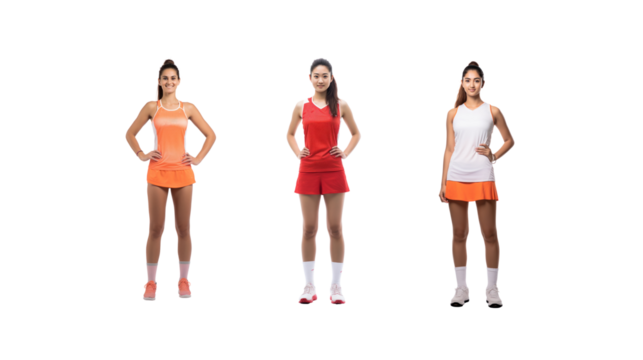 Female badminton player standing smiling looking at camera, full body, on transparent background PNG