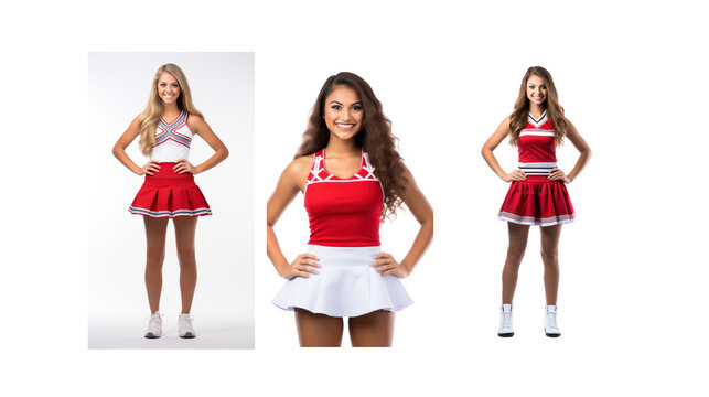 Set of images of female cheerleaders standing and smiling, looking at the camera, full body, on a transparent background PNG