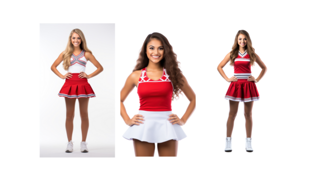 Set of images of female cheerleaders standing and smiling, looking at the camera, full body, on a transparent background PNG