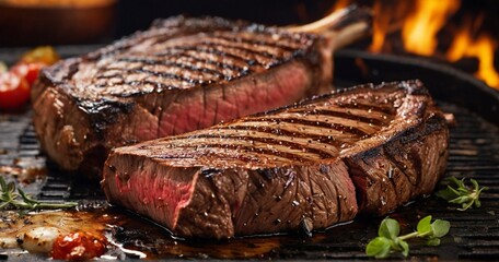  a scene that captures the mouthwatering sizzle and char of a perfectly grilled steak, highlighting the grill marks and the juicy tenderness of the meat. - Generative AI - obrazy, fototapety, plakaty