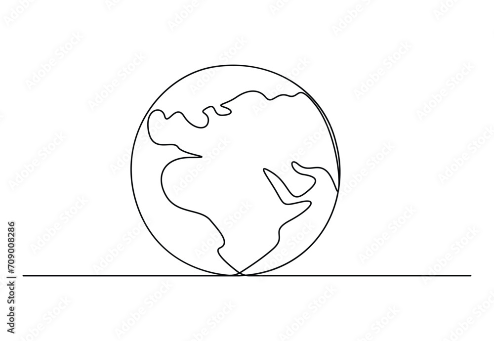 Poster planet earth. continuous one line drawing of round global map geography graphic icon. vector illustr