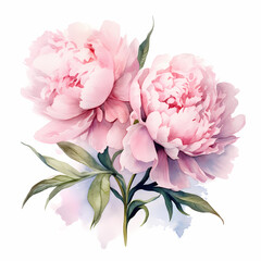 Pink peonies. Botanical watercolor illustration isolated on white background. Floral arrangement of peony bouquet. Invitations, greeting, wedding, holiday card design.