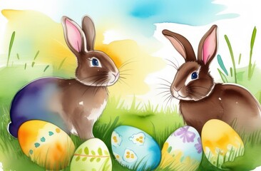 In watercolor style banner until Easter day. A pair of brown rabbits near painted paintballs on a lawn in the grass