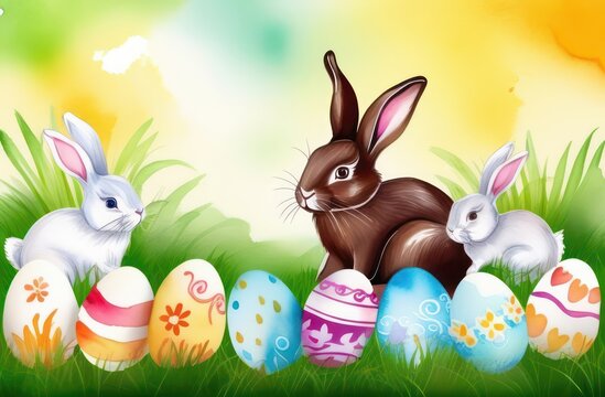 In watercolor style banner until Easter day. A family of colorful rabbits near painted paintballs on a lawn in the grass