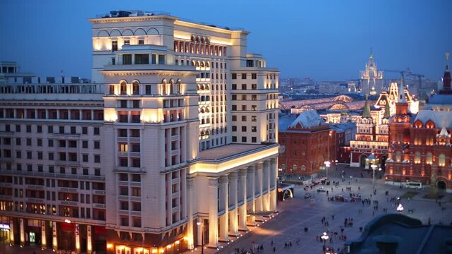 Beautiful evening view of Okhotny Ryad and Moscow Kremlin