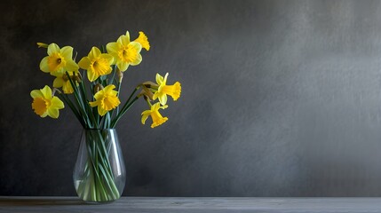 yellow narcissus in vase on table with gray background