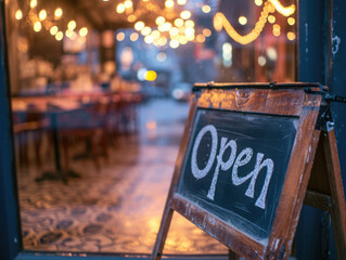 'Open' chalkboard sign outside a restaurant, inviting passersby with warm ambient lights. - obrazy, fototapety, plakaty
