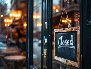 Closed chalkboard sign in a restaurant with warm evening lights in the background.