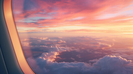 A breathtaking view of a sunset over fluffy clouds, seen from the window of an airplane,...