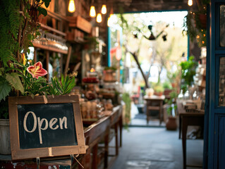 'Open' sign on a chalkboard amidst a charming outdoor garden shop with plants and sunshine.