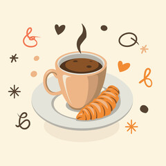 Vector illustration. Cartoon croissant and cup of coffee