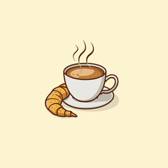Vector illustration. Cartoon croissant and cup of coffee