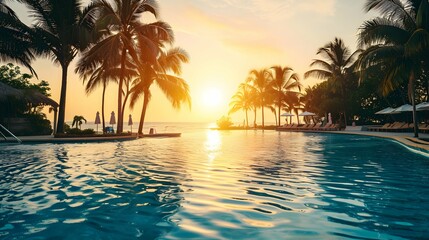 Swimming pool at luxury hotel resort with palm trees and sunset.