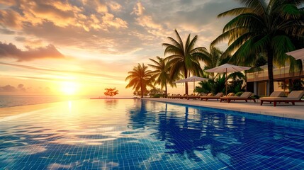 Swimming pool at luxury hotel resort with palm trees and sunset. - obrazy, fototapety, plakaty