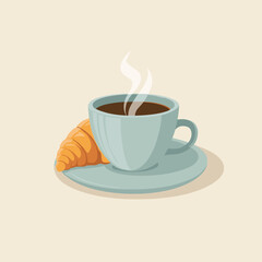 Vector illustration. Cartoon croissant and cup of coffee